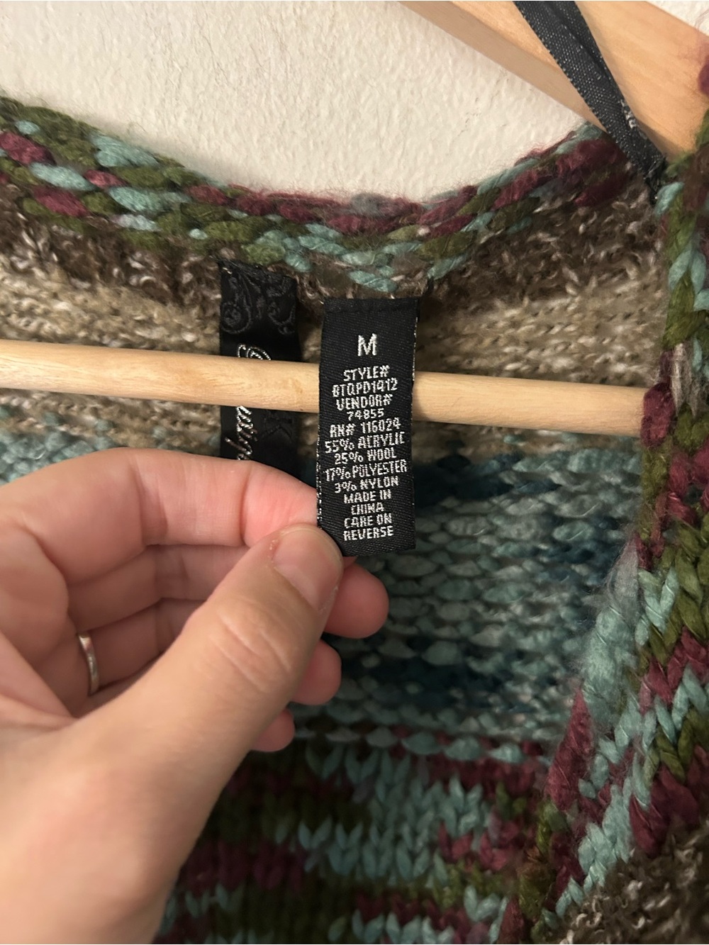 BKE Boutique Medium Brown Teal Waterfall Cardigan Fuzzy White Trim - Picture 3 of 6